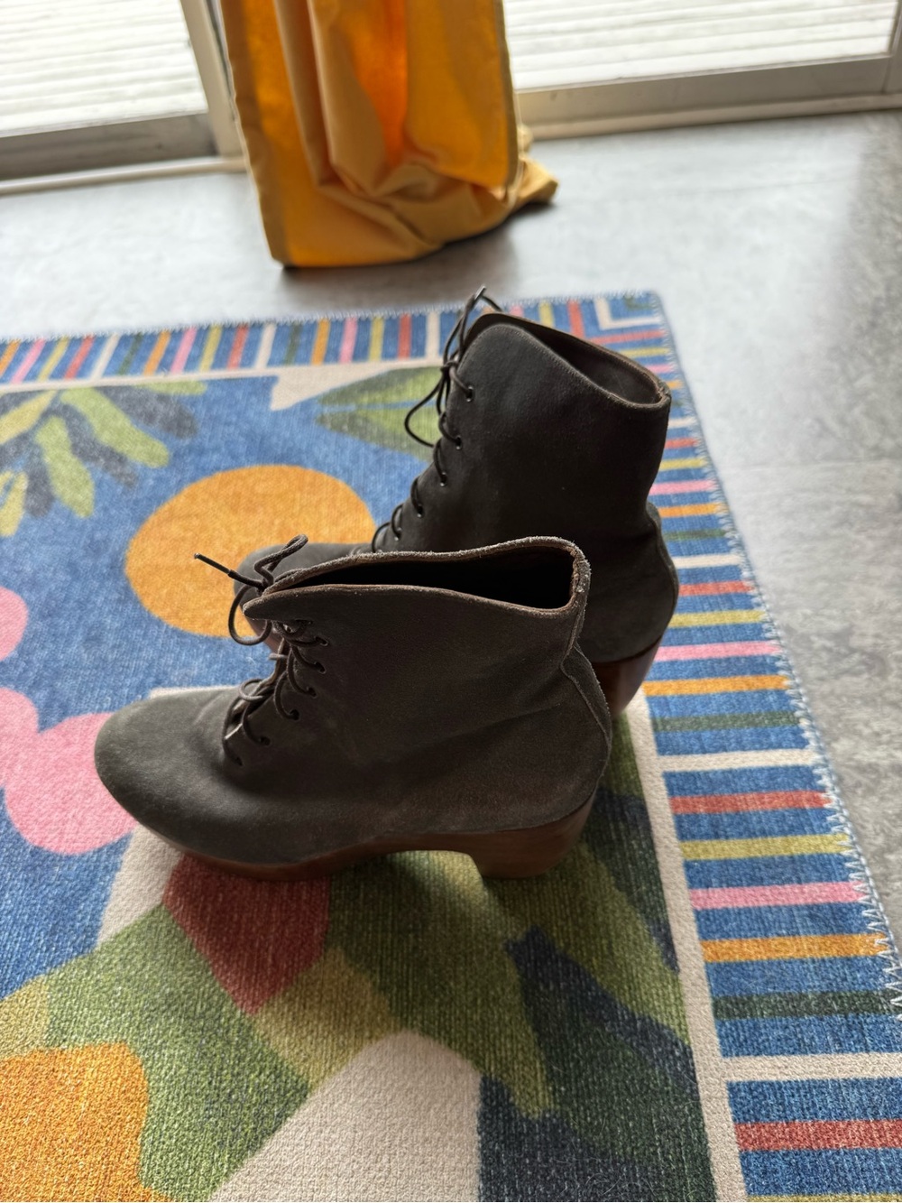 Coclico Lace-Up Suede Ankle Boots in Gray with Wooden Platform Heel - Picture 2 of 9